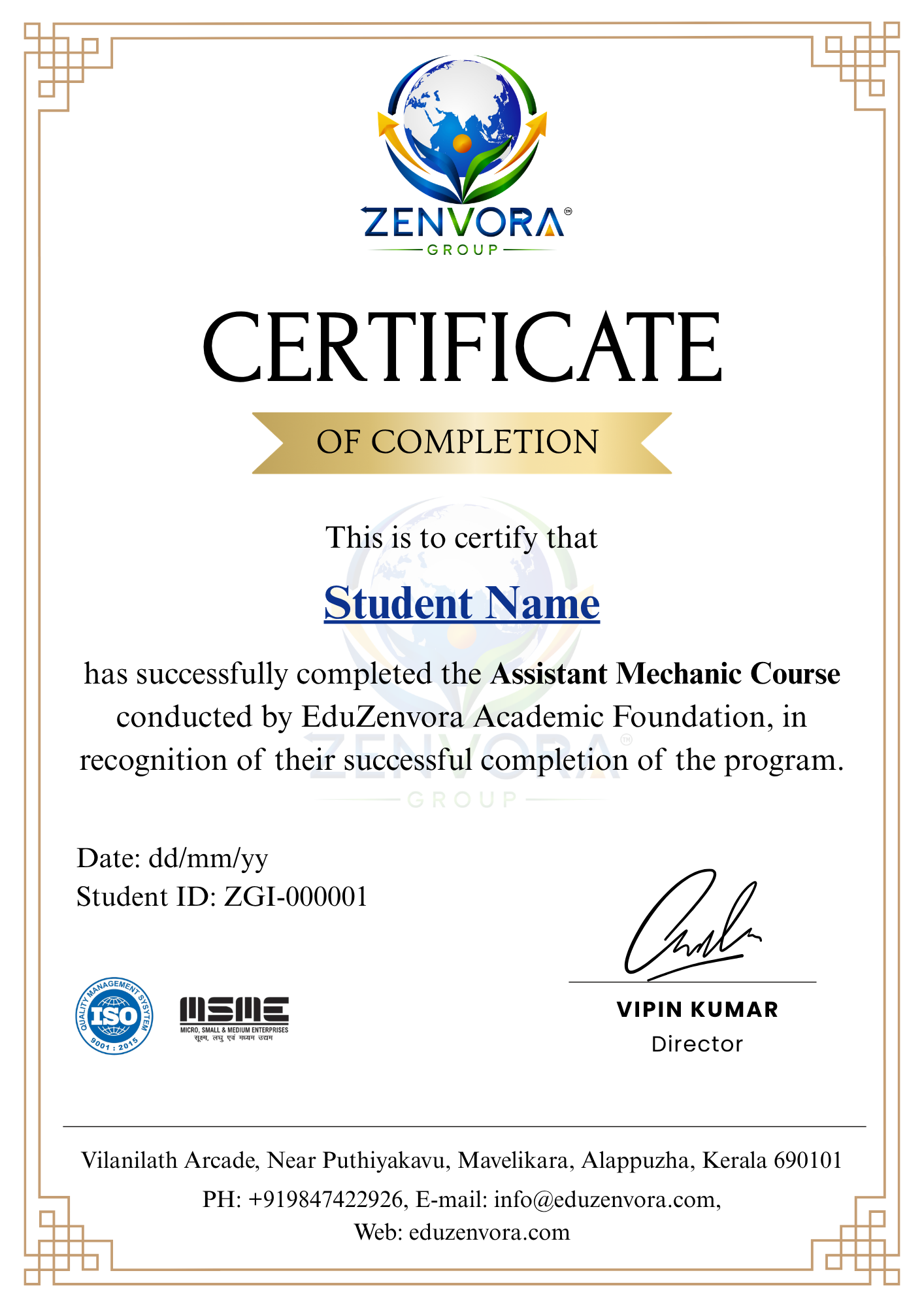 Assistant Mechanic Course Certificate